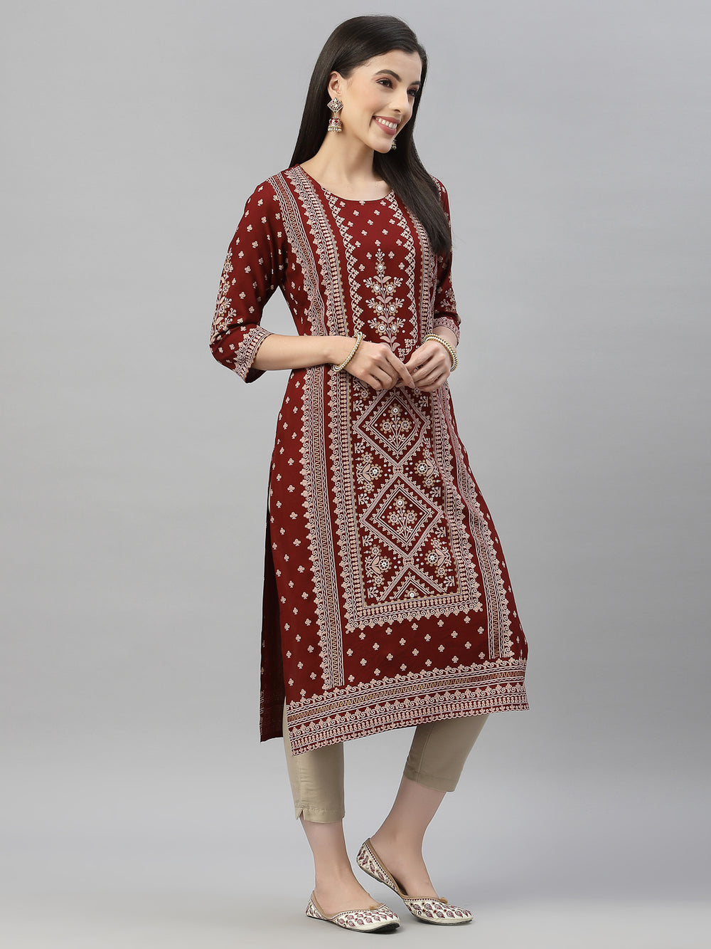 Juniper Maroon Rayon Festive Placement Print Straight Kurta For Women - Distacart