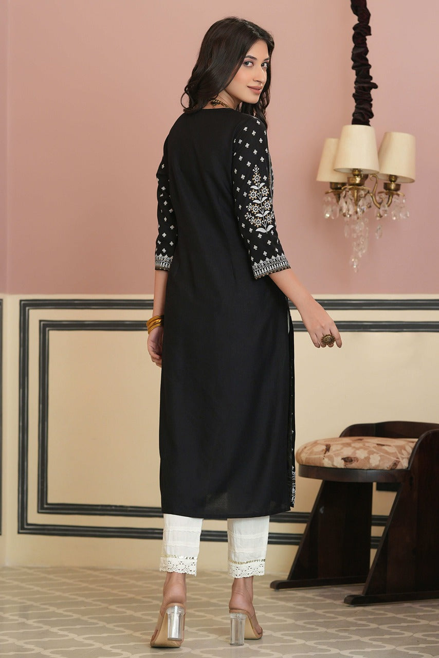 Juniper Women's Black Rayon Staple Straight Placement Print Kurta - Distacart