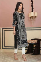 Juniper Women's Black Rayon Staple Straight Placement Print Kurta - Distacart