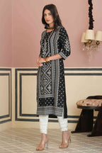 Juniper Women's Black Rayon Staple Straight Placement Print Kurta - Distacart