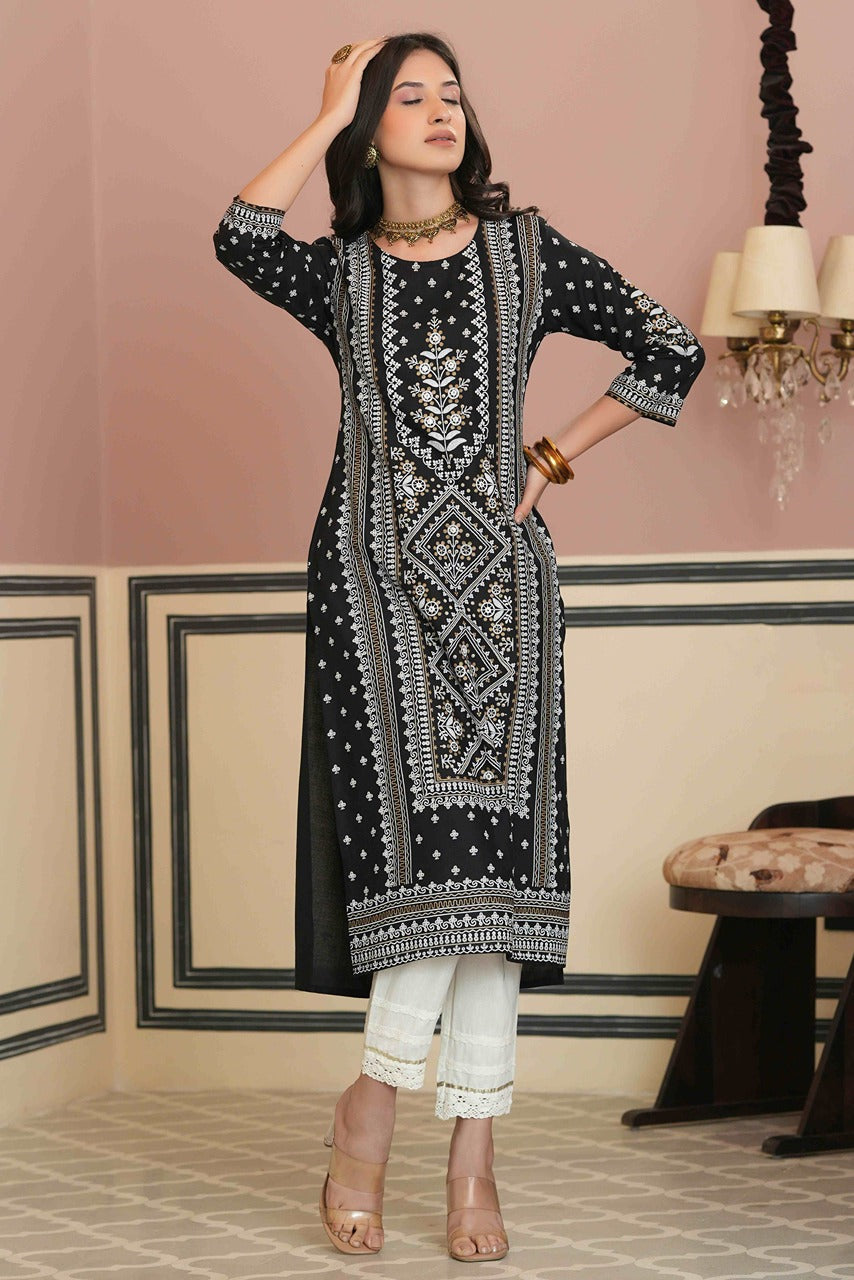 Juniper Women's Black Rayon Staple Straight Placement Print Kurta - Distacart