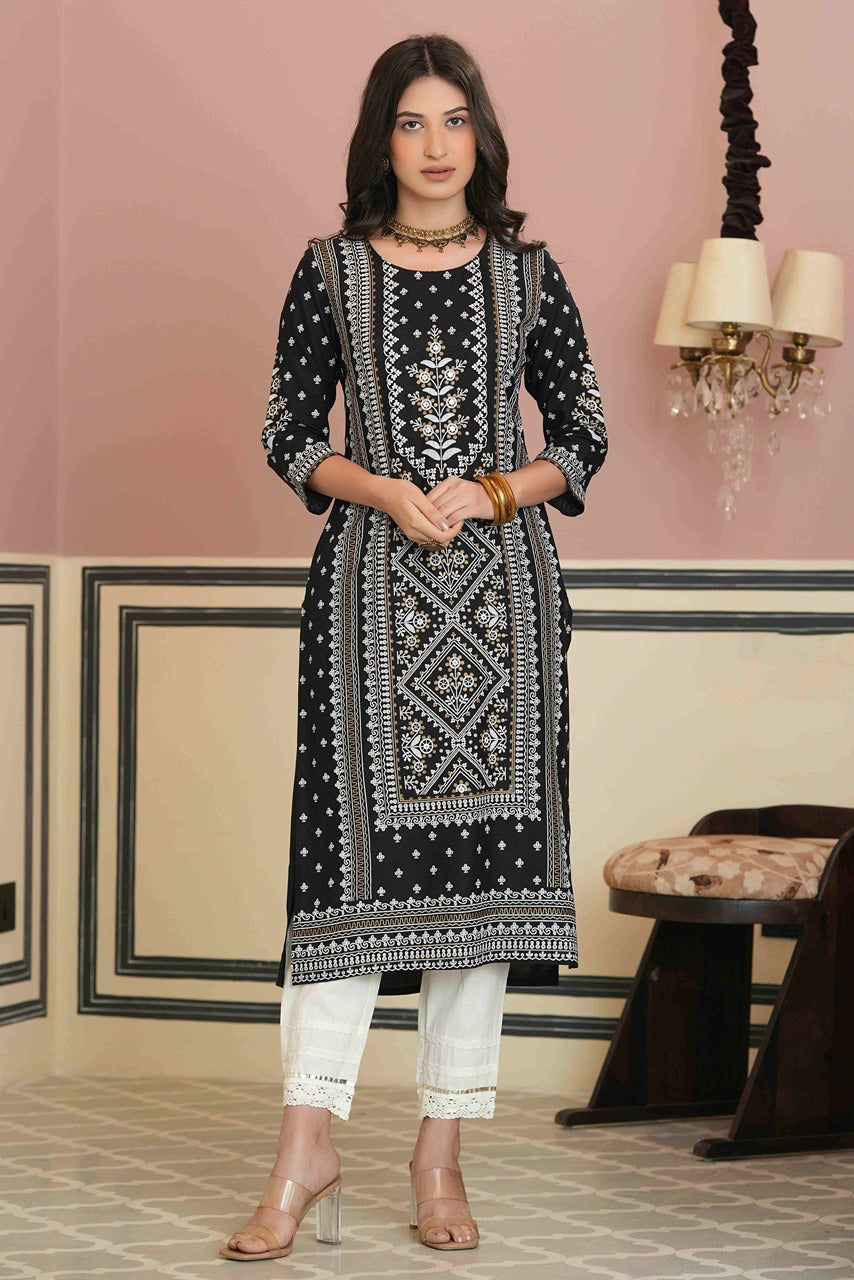 Juniper Women's Black Rayon Staple Straight Placement Print Kurta - Distacart