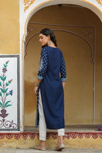 Juniper Women's Indigo Rayon Staple Straight Placement Print Kurta - Distacart
