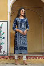 Juniper Women's Indigo Rayon Staple Straight Placement Print Kurta - Distacart