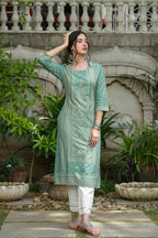 Juniper Women's Sage Green Rayon Staple Straight Placement Print Kurta - Distacart