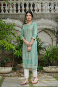 Juniper Women's Sage Green Rayon Staple Straight Placement Print Kurta - Distacart