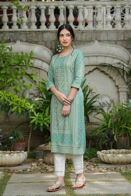 Juniper Women's Sage Green Rayon Staple Straight Placement Print Kurta