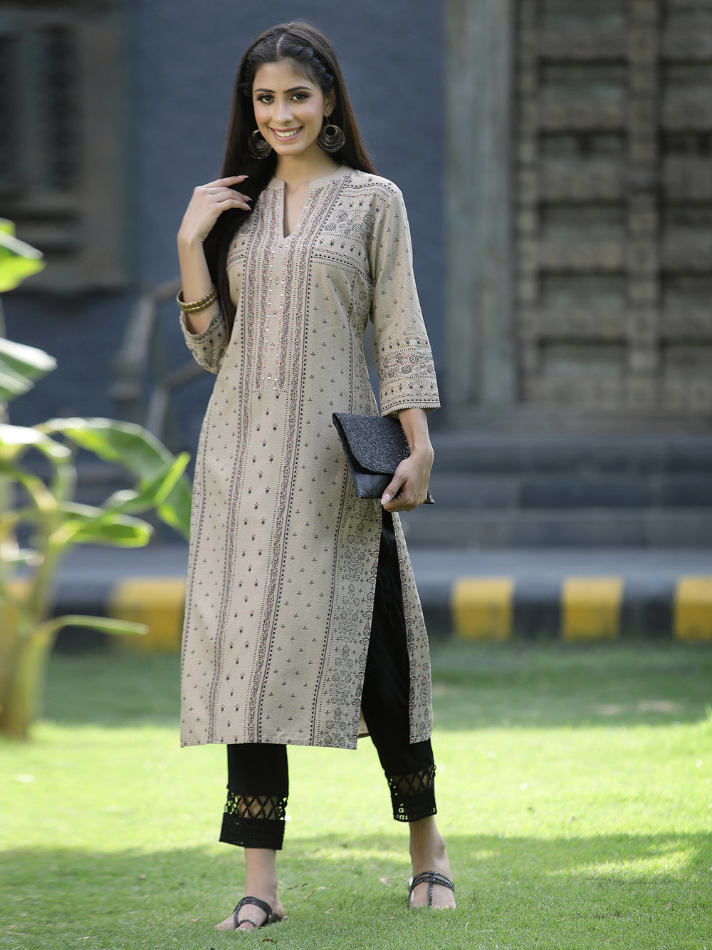 Juniper Beige Rayon Festive Placement Print Straight Kurta For Women - Distacart