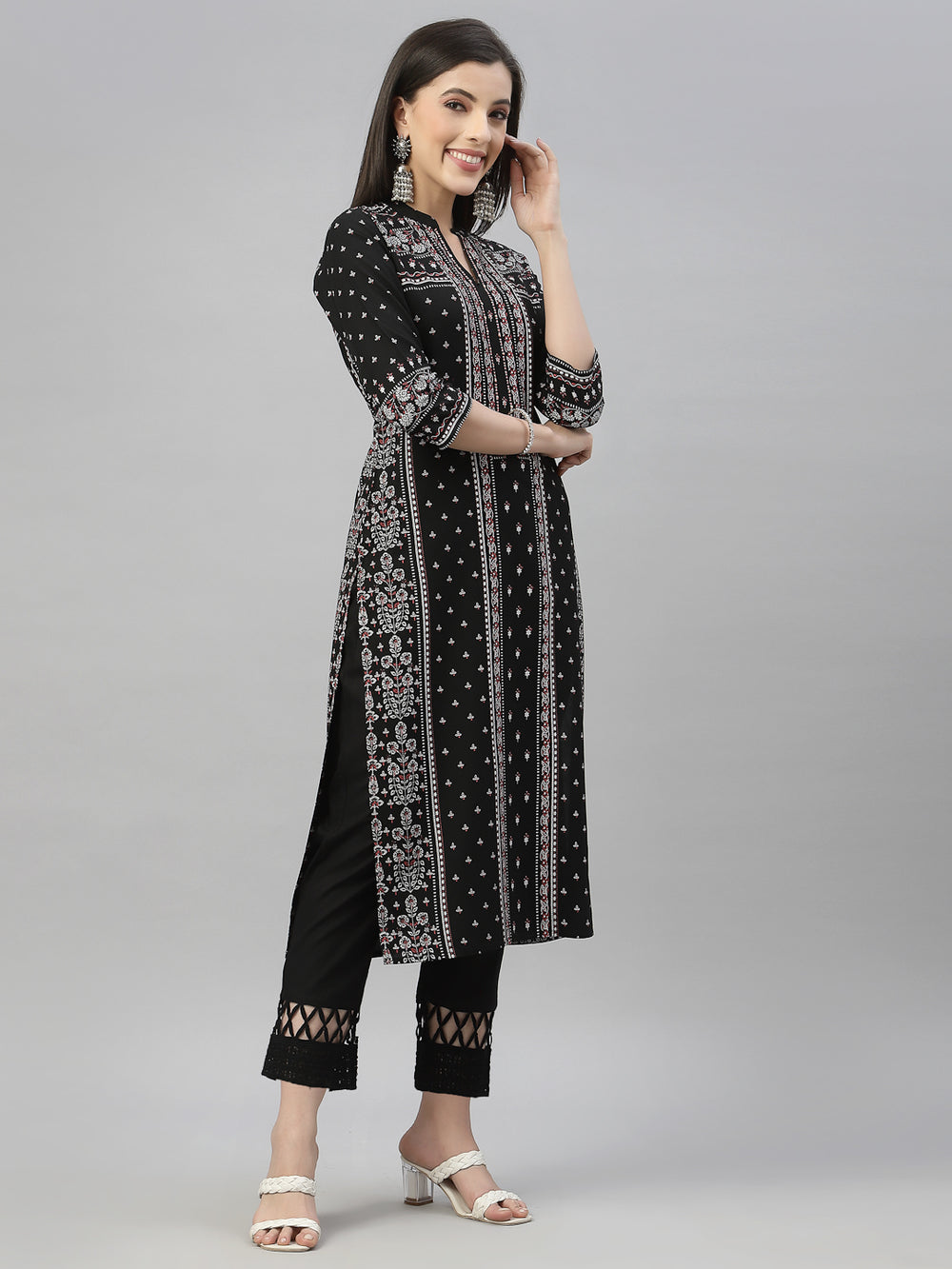 Juniper Black Rayon Festive Placement Print Straight Kurta For Women - Distacart