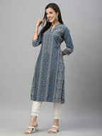Juniper Blue Rayon Festive Placement Print Straight Kurta For Women - Distacart