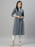 Juniper Blue Rayon Festive Placement Print Straight Kurta For Women - Distacart