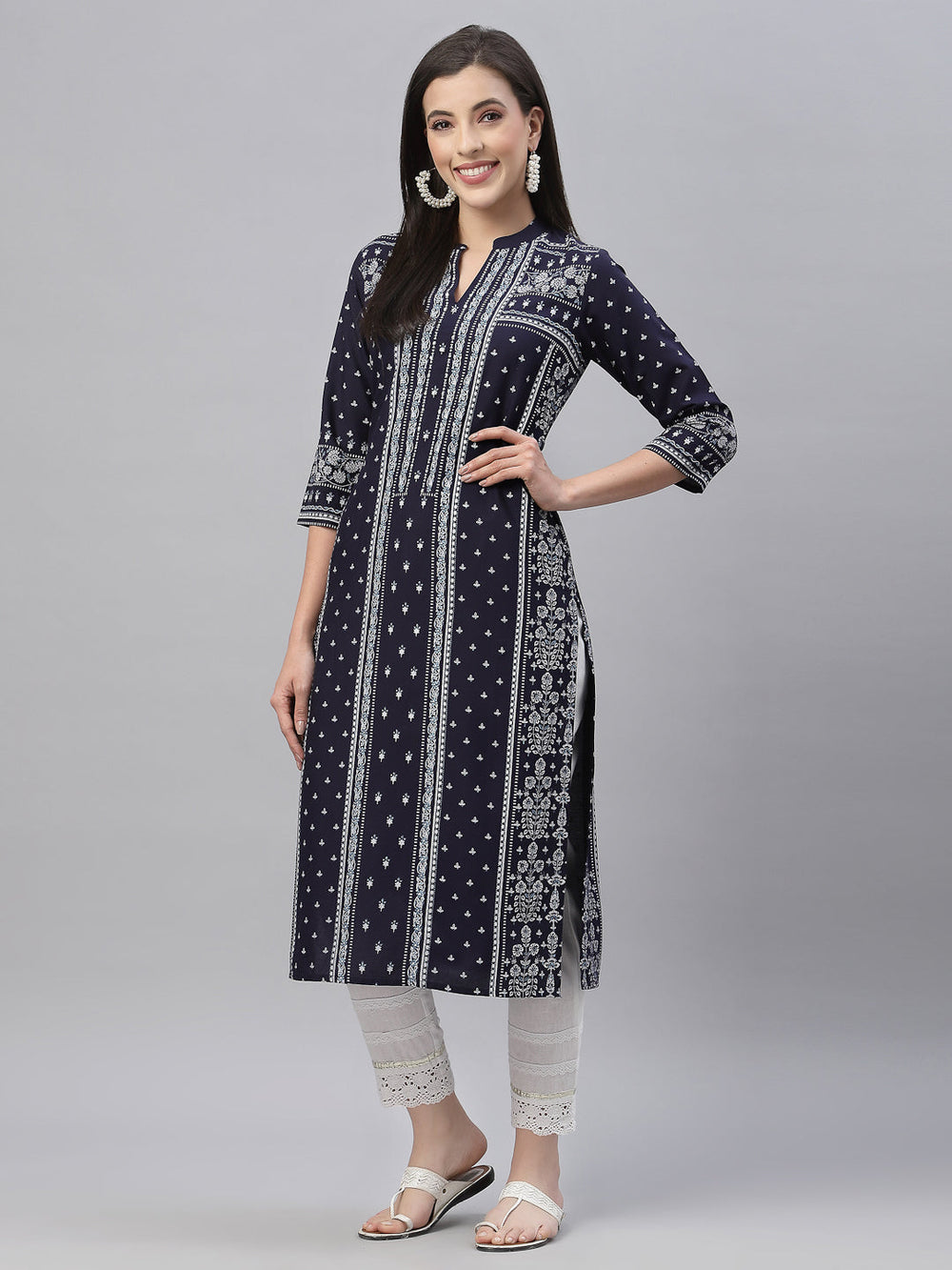 Juniper Indigo Rayon Festive Placement Print Straight Kurta For Women - Distacart