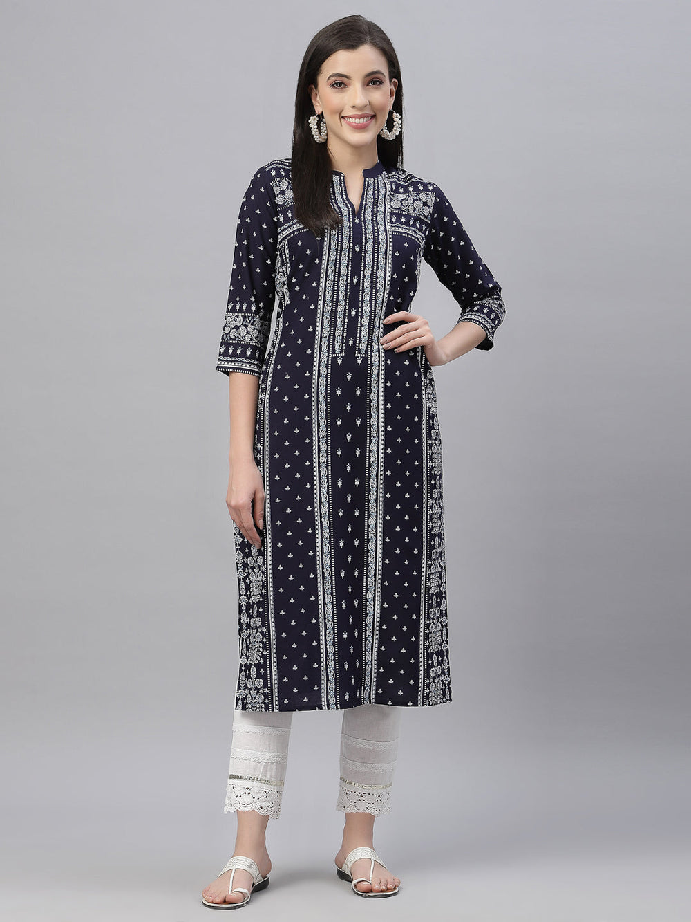Juniper Indigo Rayon Festive Placement Print Straight Kurta For Women - Distacart