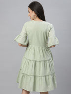 Juniper Green Cotton Dobby Festive Embroidered Tiered Dress For Women - Distacart