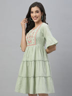 Juniper Green Cotton Dobby Festive Embroidered Tiered Dress For Women - Distacart