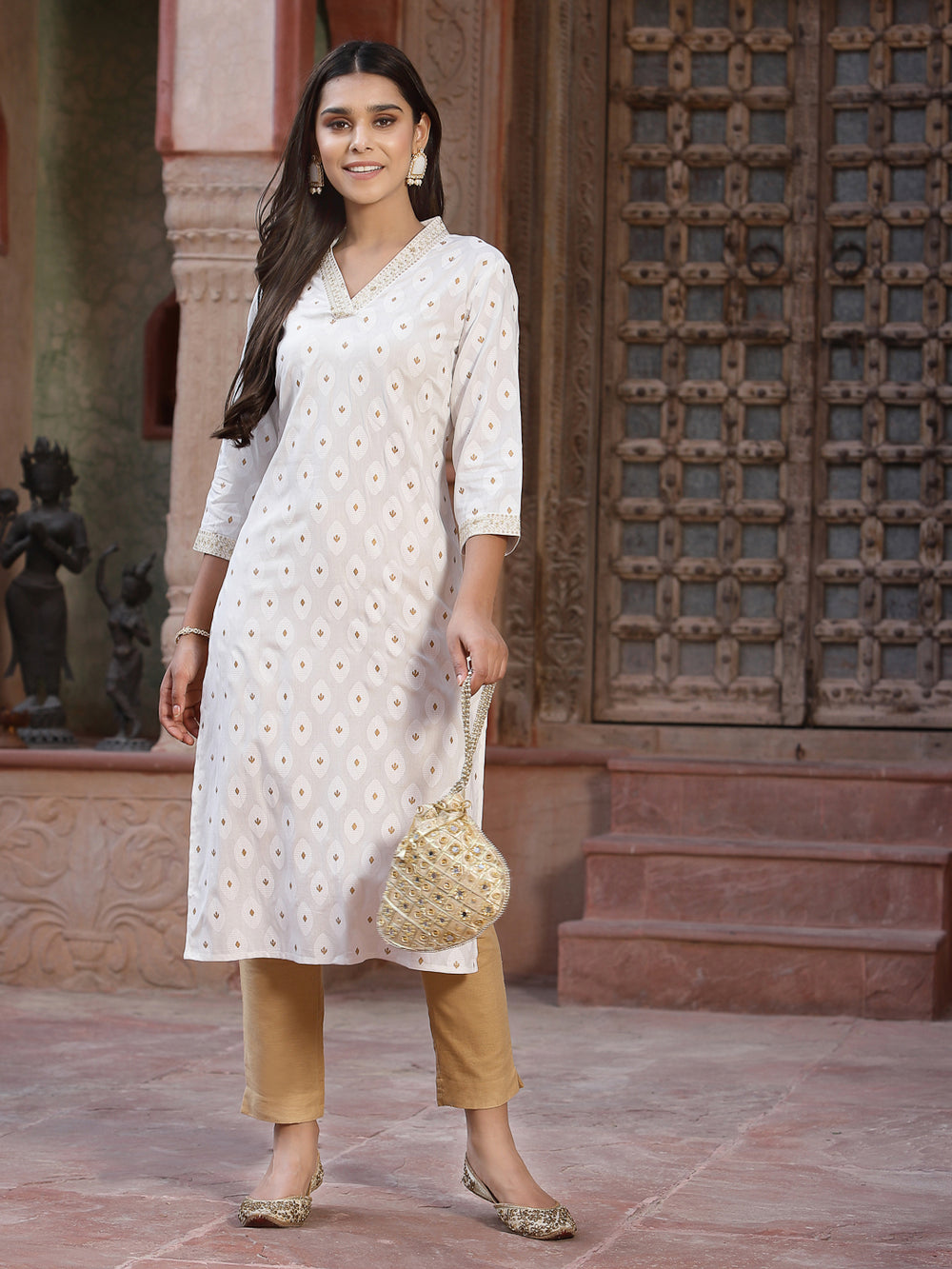 Juniper Women's Off - White Rayon Printed Straight Kurta - Distacart