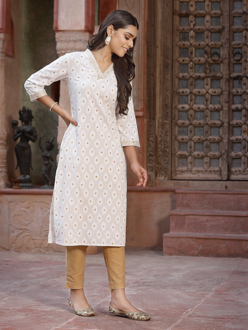 Juniper Women's Off - White Rayon Printed Straight Kurta - Distacart