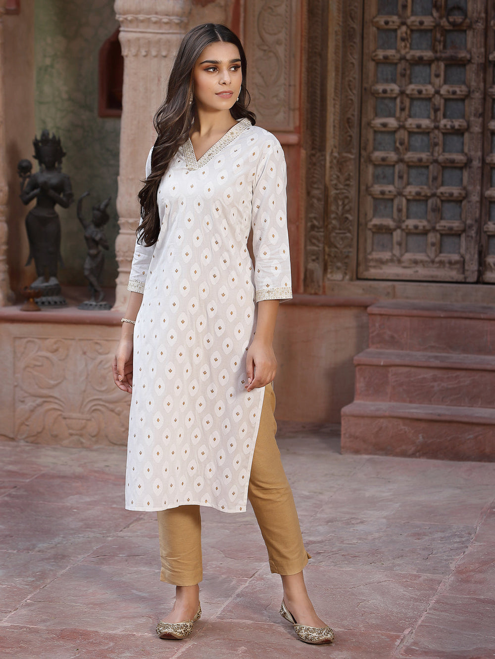 Juniper Women's Off - White Rayon Printed Straight Kurta - Distacart