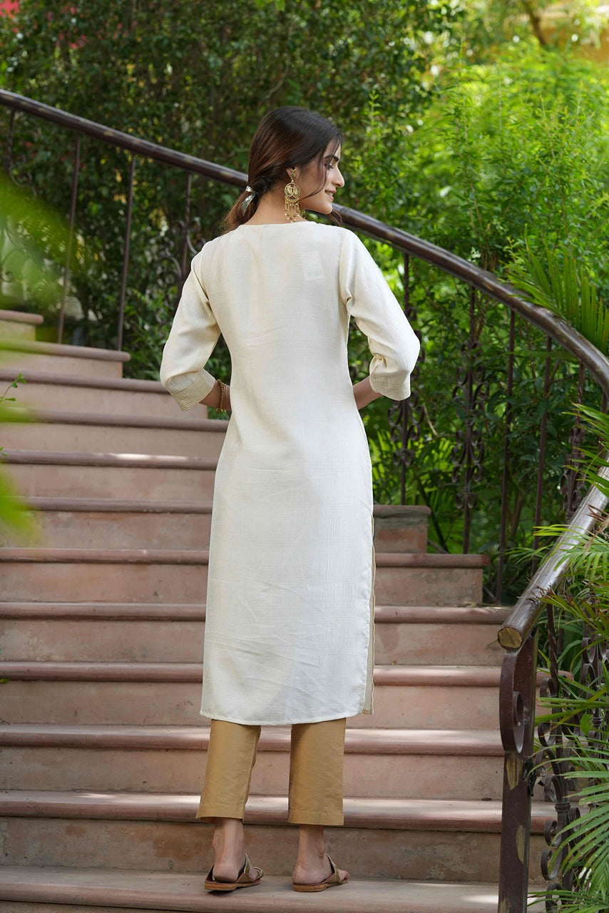 Juniper Cream Silk Festive Embroidered Straight Kurta For Women - Distacart