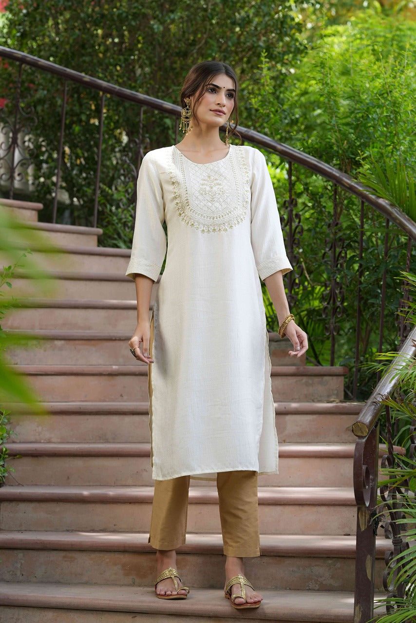 Juniper Cream Silk Festive Embroidered Straight Kurta For Women - Distacart