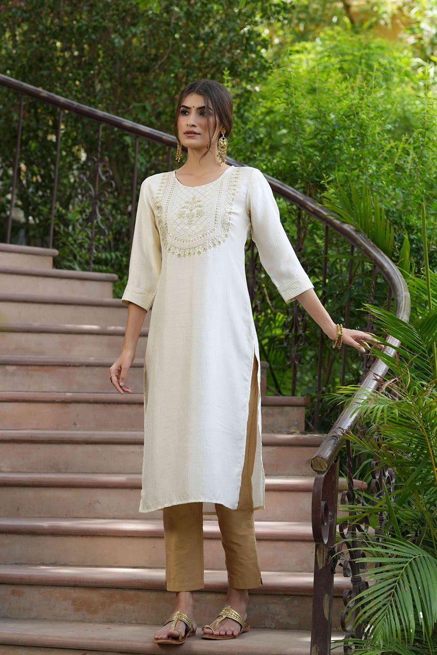 Juniper Cream Silk Festive Embroidered Straight Kurta For Women - Distacart