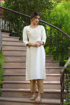 Juniper Cream Silk Festive Embroidered Straight Kurta For Women - Distacart