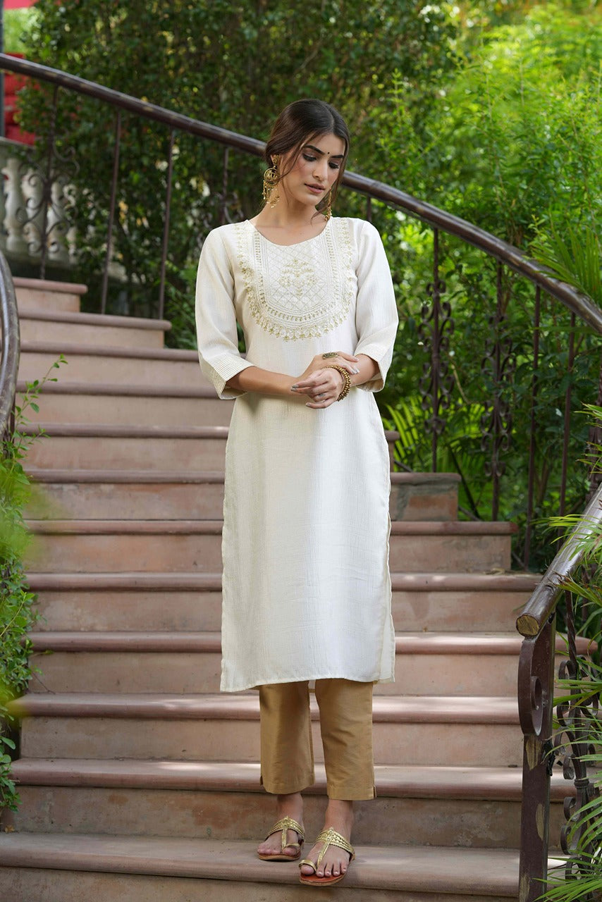 Juniper Cream Silk Festive Embroidered Straight Kurta For Women - Distacart