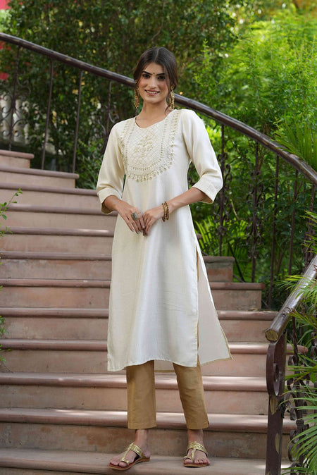 Juniper Cream Silk Festive Embroidered Straight Kurta For Women