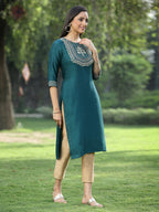 Juniper Green Silk Festive Embroidered Straight Kurta For Women - Distacart