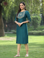 Juniper Green Silk Festive Embroidered Straight Kurta For Women - Distacart