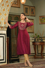 Juniper Maroon Silk Festive Embroidered Straight Kurta For Women - Distacart