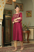 Juniper Maroon Silk Festive Embroidered Straight Kurta For Women - Distacart