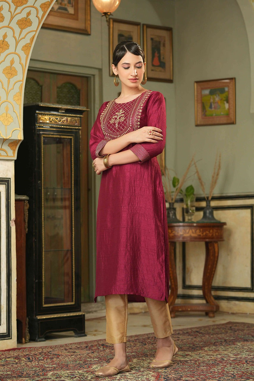 Juniper Maroon Silk Festive Embroidered Straight Kurta For Women - Distacart