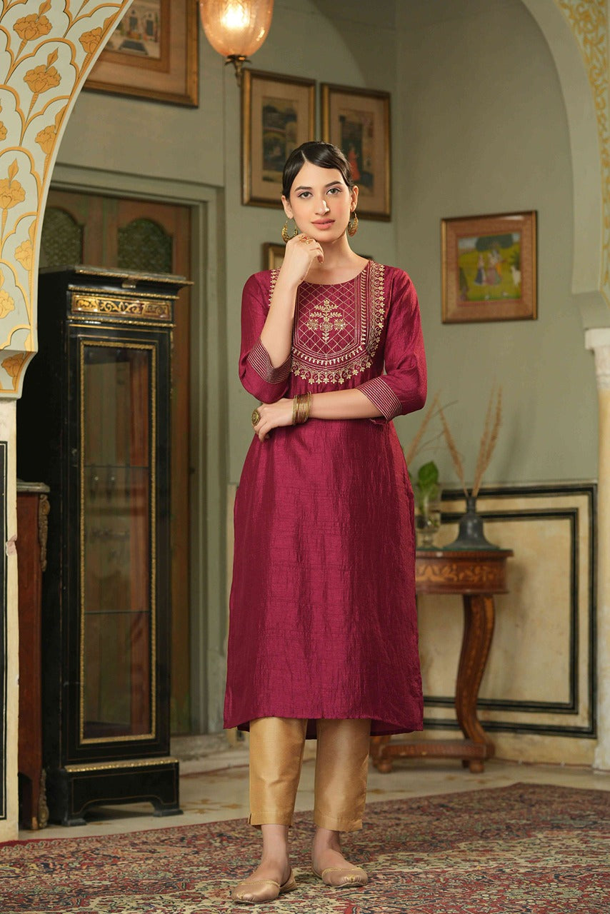 Juniper Maroon Silk Festive Embroidered Straight Kurta For Women - Distacart