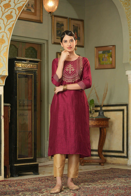 Juniper Maroon Silk Festive Embroidered Straight Kurta For Women