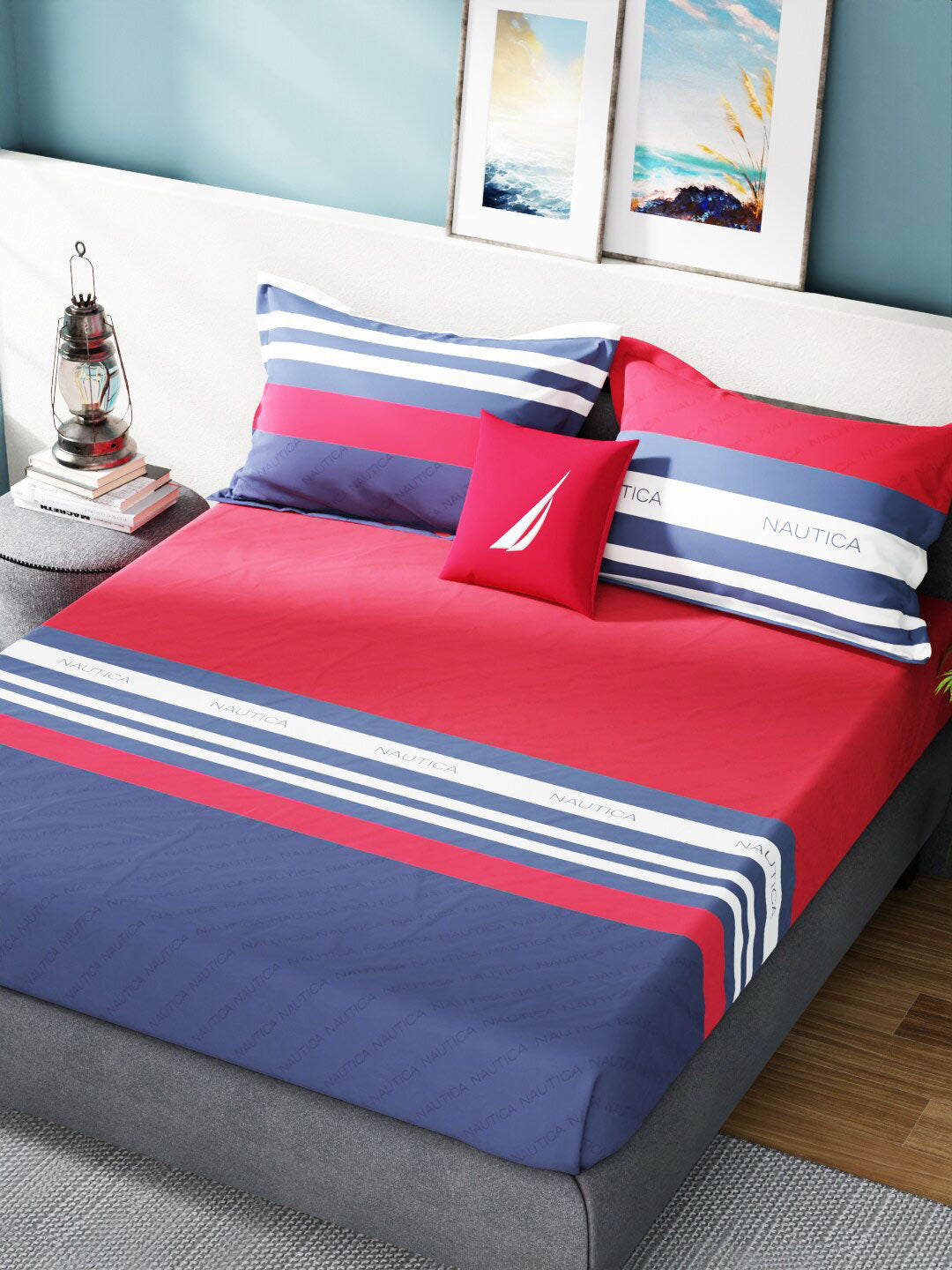 Nautica Bradford Red & Blue Striped 160 TC Pure Cotton King Bedsheet & 2 Pillow Covers