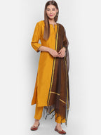Janasya Mustard Yellow & Brown Solid Kurta with Trousers & Dupatta - Distacart