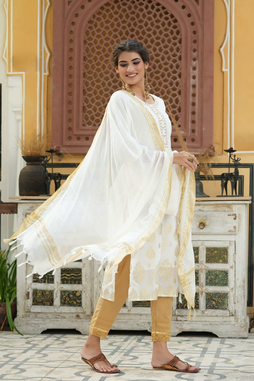 Juniper Off - White Georgette Festive Printed Straight Kurta Dupatta Set For Women - Distacart