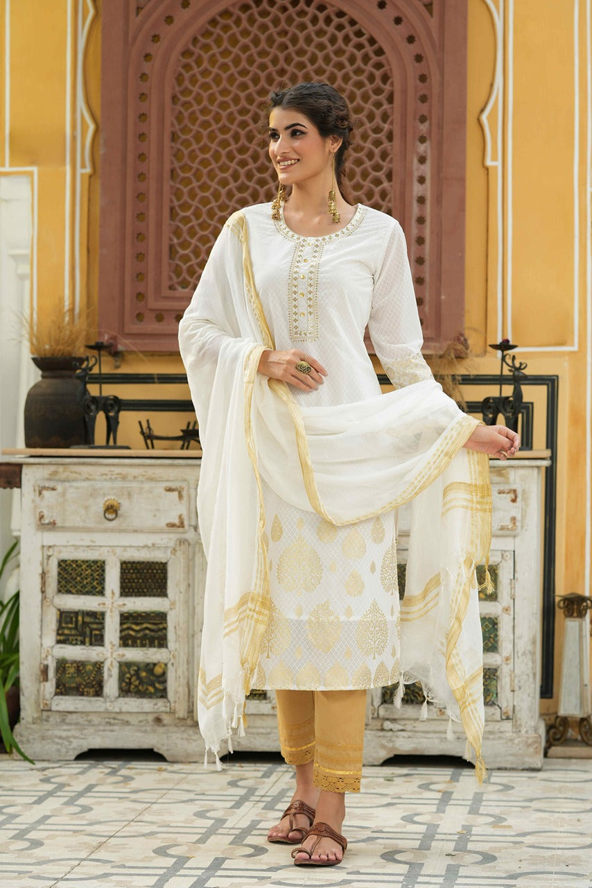 Juniper Off - White Georgette Festive Printed Straight Kurta Dupatta Set For Women - Distacart