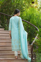 Juniper Sky Blue Georgette Festive Printed Straight Kurta Dupatta Set For Women - Distacart