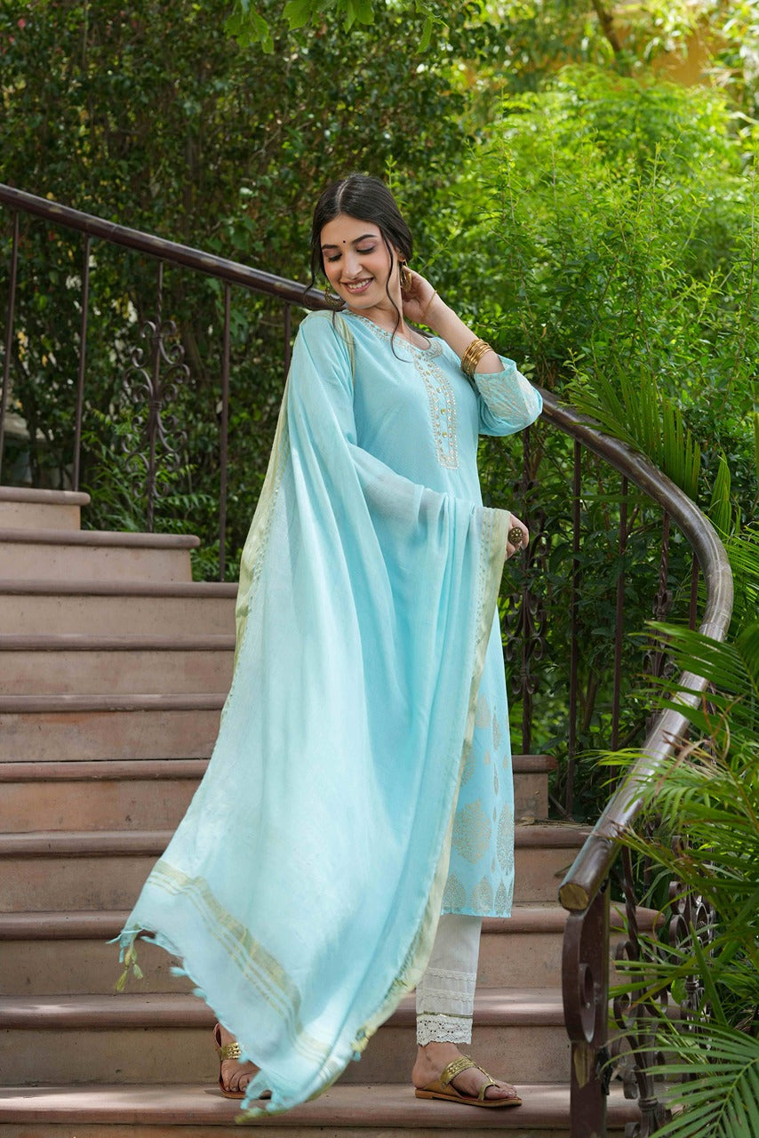 Juniper Sky Blue Georgette Festive Printed Straight Kurta Dupatta Set For Women - Distacart