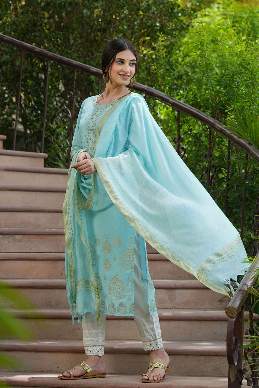 Juniper Sky Blue Georgette Festive Printed Straight Kurta Dupatta Set For Women - Distacart