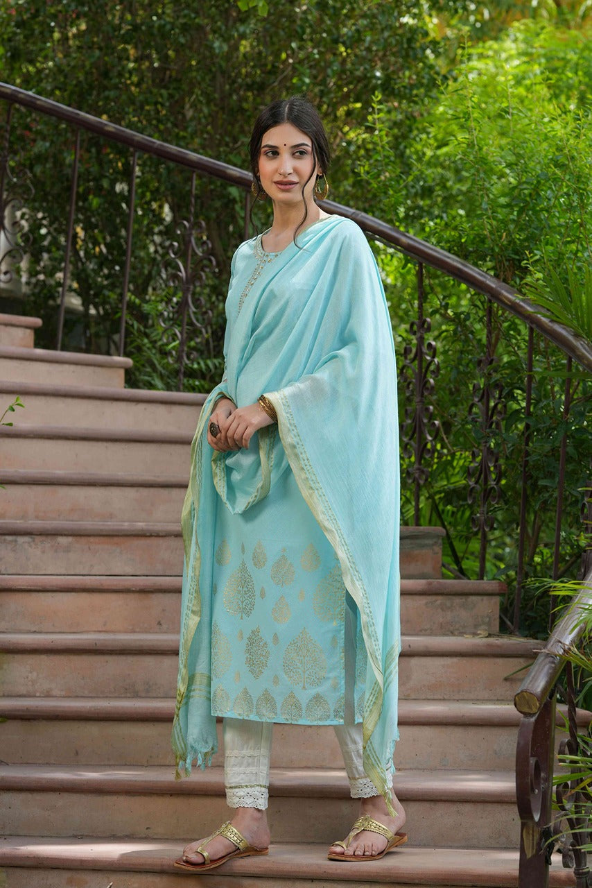 Juniper Sky Blue Georgette Festive Printed Straight Kurta Dupatta Set For Women - Distacart