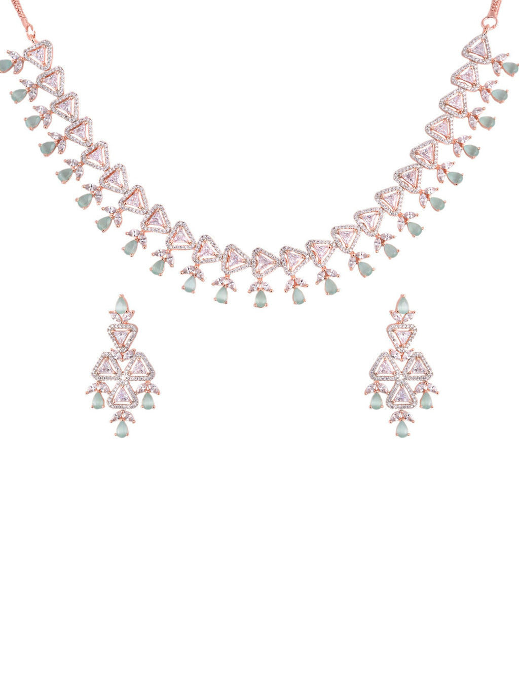 Saraf RS Jewellery Rose Gold-Plated White & Sea Green AD-Studded Handcrafted Jewellery Set - Distacart