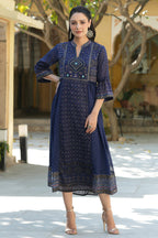 Juniper Indigo Georgette Festive Printed Flared Dress For Women - Distacart