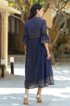 Juniper Indigo Georgette Festive Printed Flared Dress For Women - Distacart