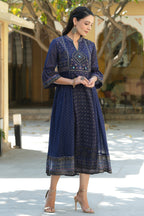 Juniper Indigo Georgette Festive Printed Flared Dress For Women - Distacart