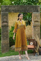 Juniper Mustard Georgette Festive Printed Flared Dress For Women - Distacart