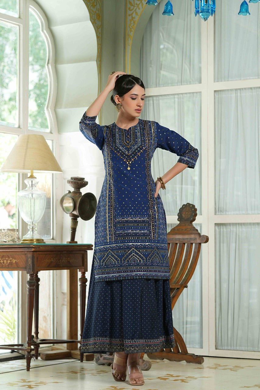 Juniper Indigo Chanderi Festive Printed Flared Kurta For Women - Distacart