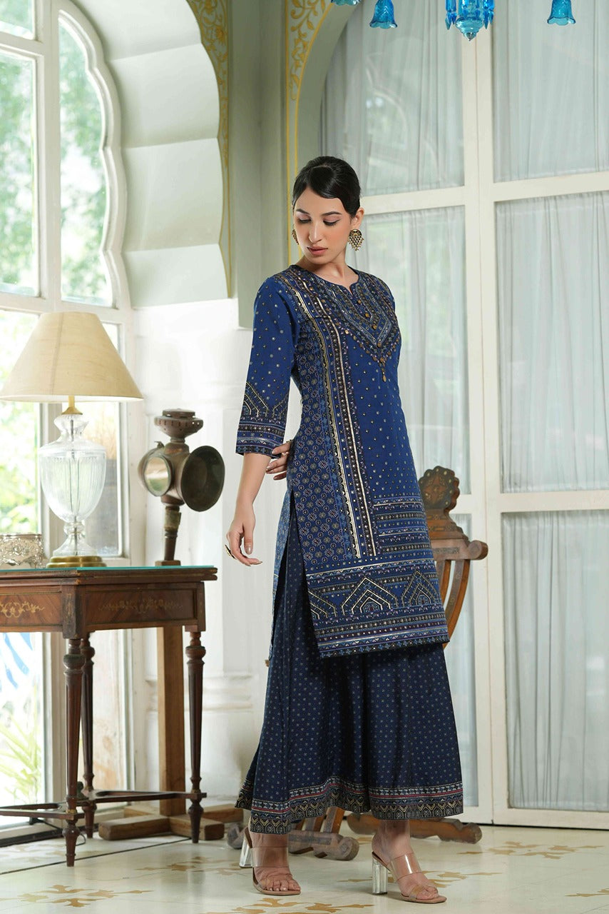 Juniper Indigo Chanderi Festive Printed Flared Kurta For Women - Distacart